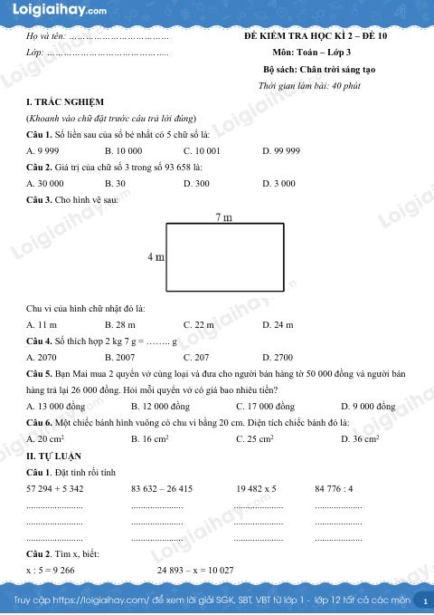 Đề kiểm tra học kì 2 Toán 3 Chân trời sáng tạo - Đề số 10